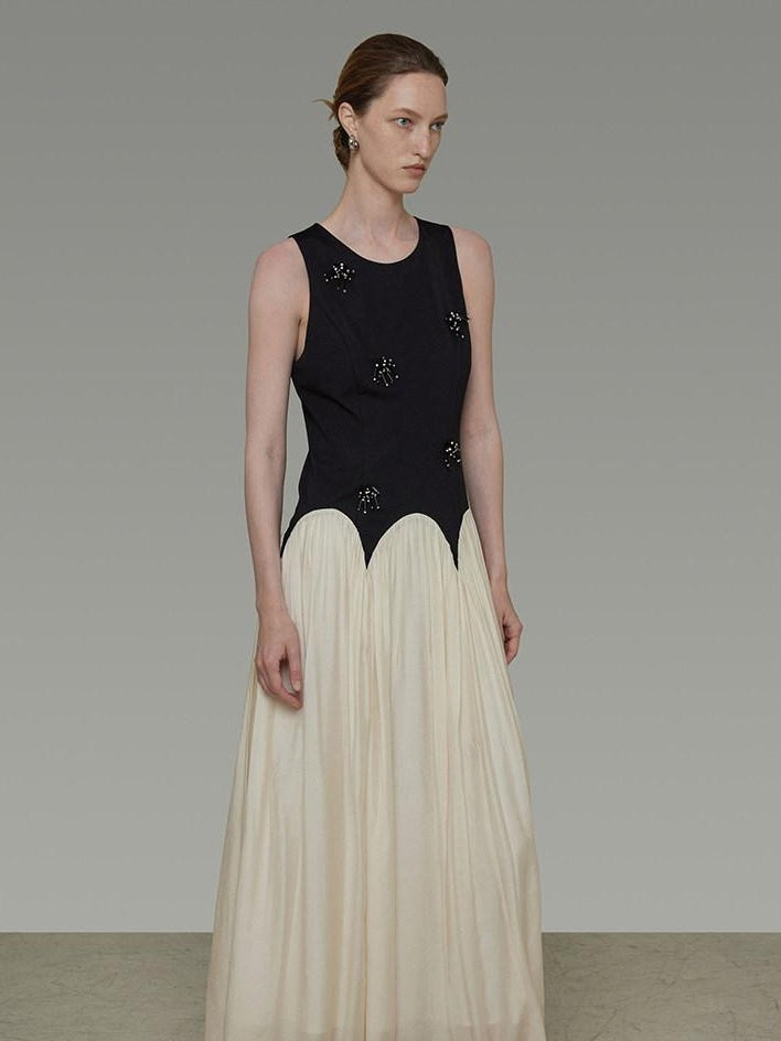 unspoken Elegant Beaded High Waist A Line Sleeveless Office Polyester Maxi Dresses