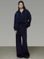 unspoken Breathable Soft Cotton Minimal Mid Rise Drawstring Navy Women Wide Leg Pants