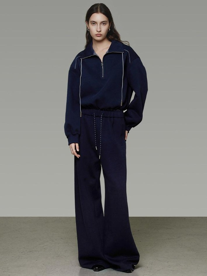 unspoken Breathable Soft Cotton Minimal Mid Rise Drawstring Navy Women Wide Leg Pants