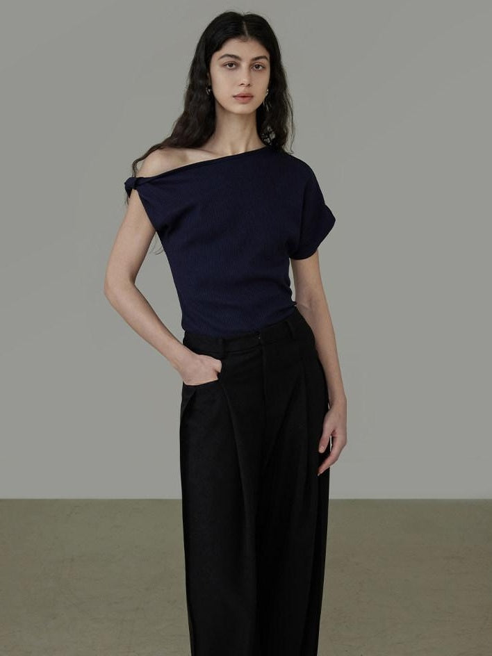 unspoken 3D Detail Slim Fit Minimal Commuter Asymmetric Neck Navy Off Shoulder Crop Tops