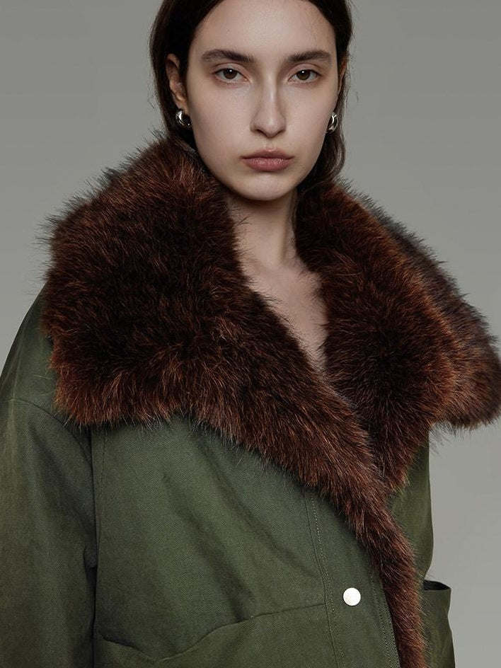 unspoken Fur Collar Short Single Breasted Office Olive Green Long Sleeve Cropped Jackets