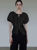 unspoken Breathable Cotton Tie Waist Puff Sleeve Commuter Women Round Neck Button Blouses