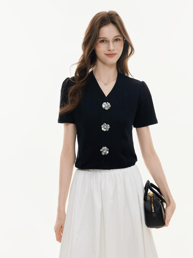 ikyou Soft Stretch Cotton V-neck Slim 3D Commuter Women T Shirt Basic Crop Tops