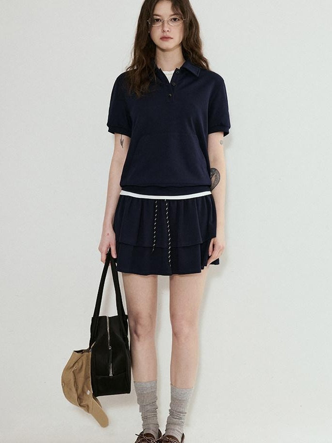 fano Navy Polo Short Sleeve Two Piece Pullover Mini Skirt For Women Top & Skirt Sets