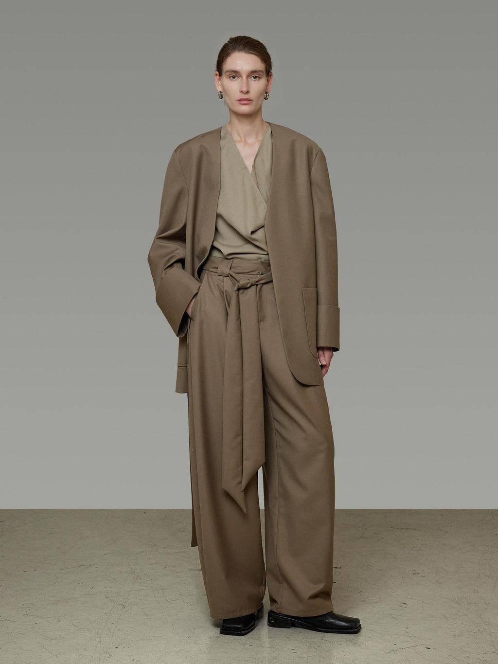 unspoken Minimal Slim Tailored Blazer High Waist Long Pants Women Brown Top & Pants Sets