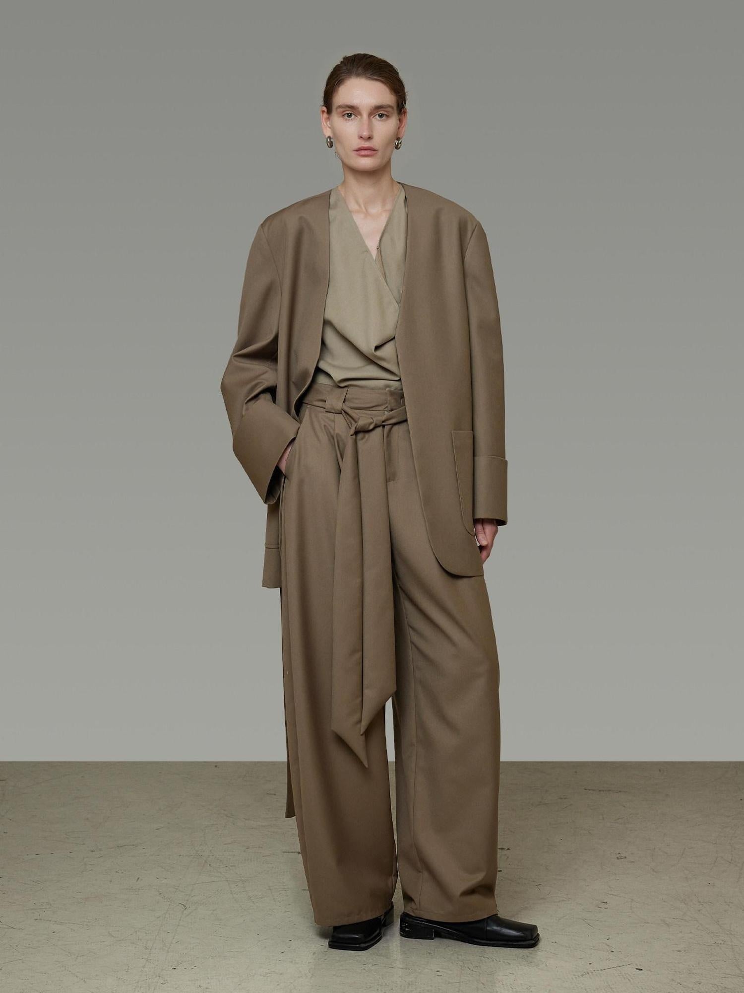 unspoken Minimal Slim Tailored Blazer High Waist Long Pants Women Brown Top & Pants Sets