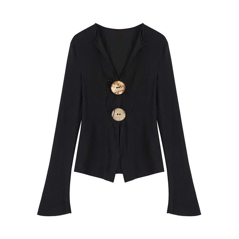 unspoken_Side_Slit_Slim_Fit_Casual_V-neck_Button_Long_Sleeve_Black_Women_Knit_Cardigans_MISSTT