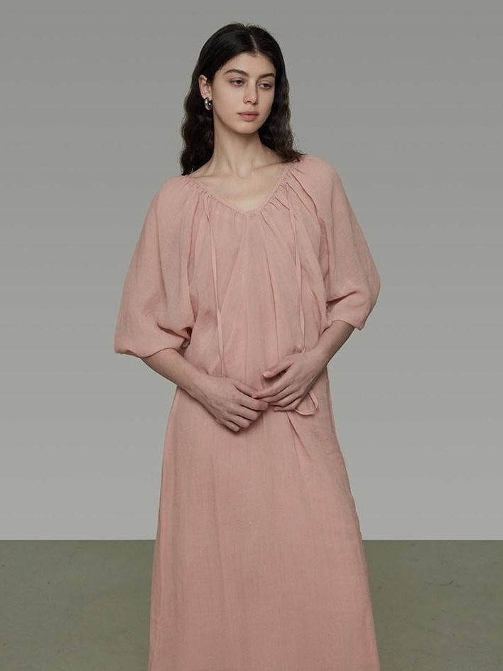 unspoken Breathable Linen Lyocell Blend Minimal A Line V-neck Pleated Women Maxi Dresses
