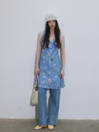 Lofi choose Printed Polyester Sleeveless V-neck A Line Casual Women Black Blue Midi Dresses
