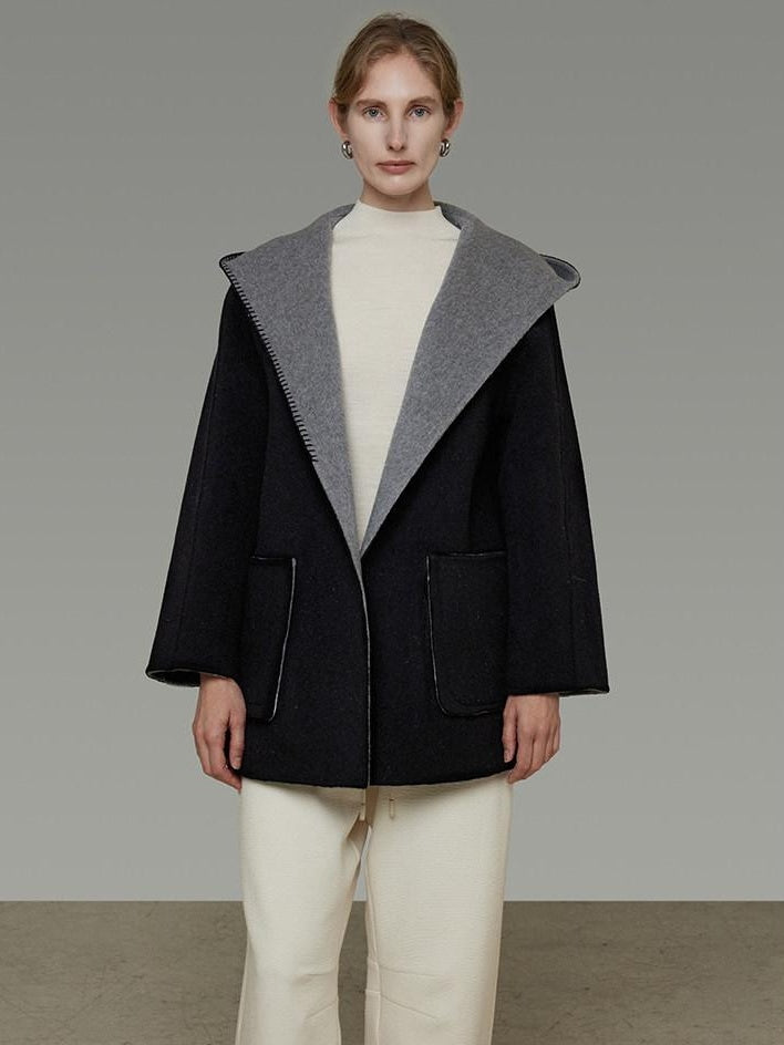 unspoken Minimal Commute Relaxed Fit Hooded Tie Waist Sculpted Cut Black Gray Wool Coats