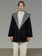 unspoken Minimal Commute Relaxed Fit Hooded Tie Waist Sculpted Cut Black Gray Wool Coats
