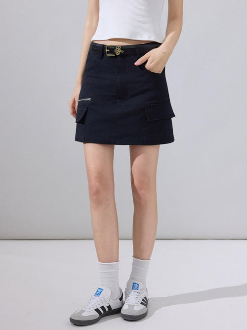 ikyou Breathable Lined High Waisted A Line Pockets Front Zip Black Cotton Mini Skirts