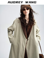 audreyyang Warm Thick Lapel Patchwork Slavic Loose Fit For Women Faux Fur Almond Long Coats
