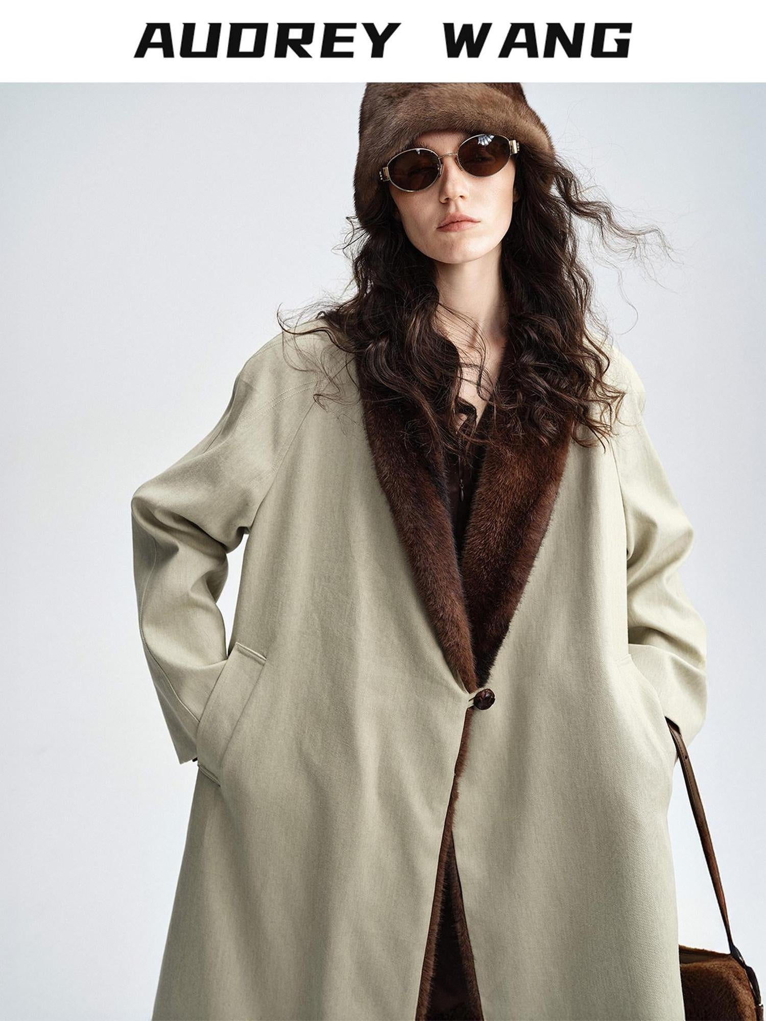 audreyyang Warm Thick Lapel Patchwork Slavic Loose Fit For Women Faux Fur Almond Long Coats