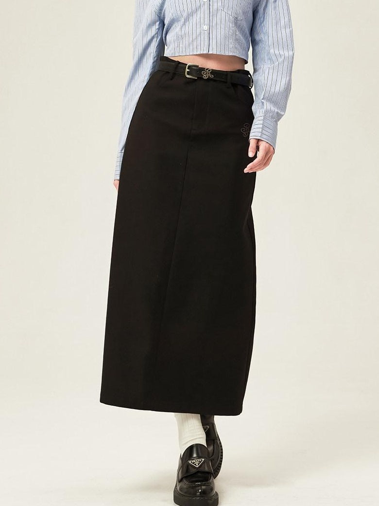 ikyou High Waist Embroidered A Line Minimal Office Midi Khaki Black Maxi Skirts