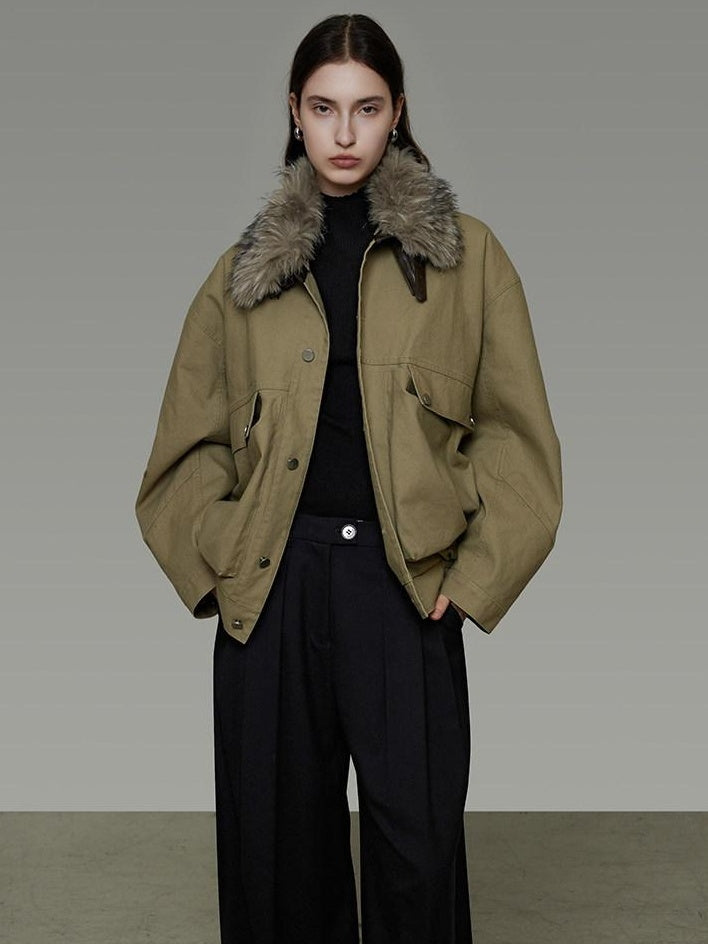 unspoken Thick Fleece Lined Fur Collar Loose Minimal Commuter Women Sage Puffer Jackets