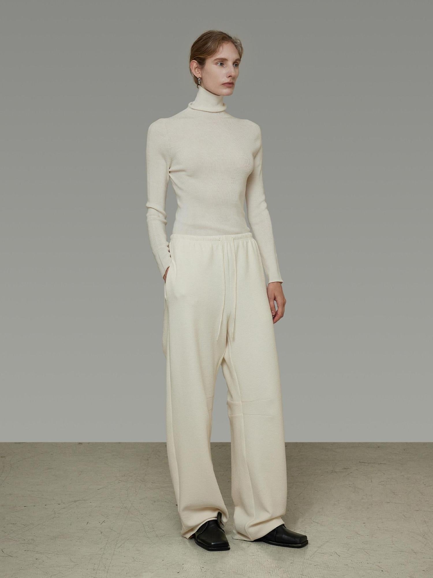 unspoken Soft Breathable Cotton High Waist Drawstring Minimalist Office Wide Leg Pants