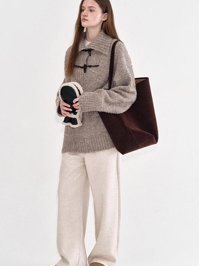 fano Soft Knit Polyester Beige Natural Waist Casual Wide Leg Women Sweatpants