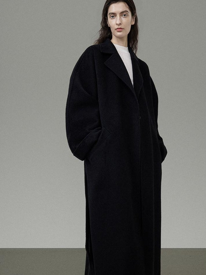 unspoken 100 Percent Wool Minimal Straight Long Tie Office Women Black Wool Coats