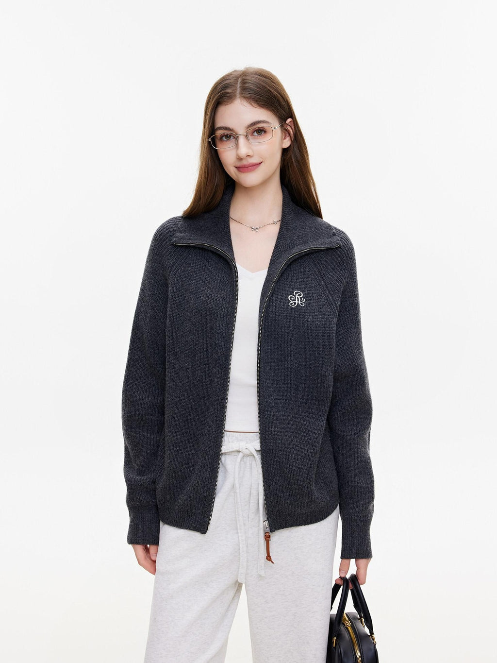 ikyou Warm Wool Blend Stand Collar Zip Loose Commuter Knit Women Deep Gray Cardigans