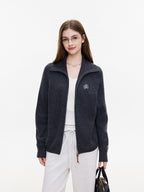 ikyou Warm Wool Blend Stand Collar Zip Loose Commuter Knit Women Deep Gray Cardigans