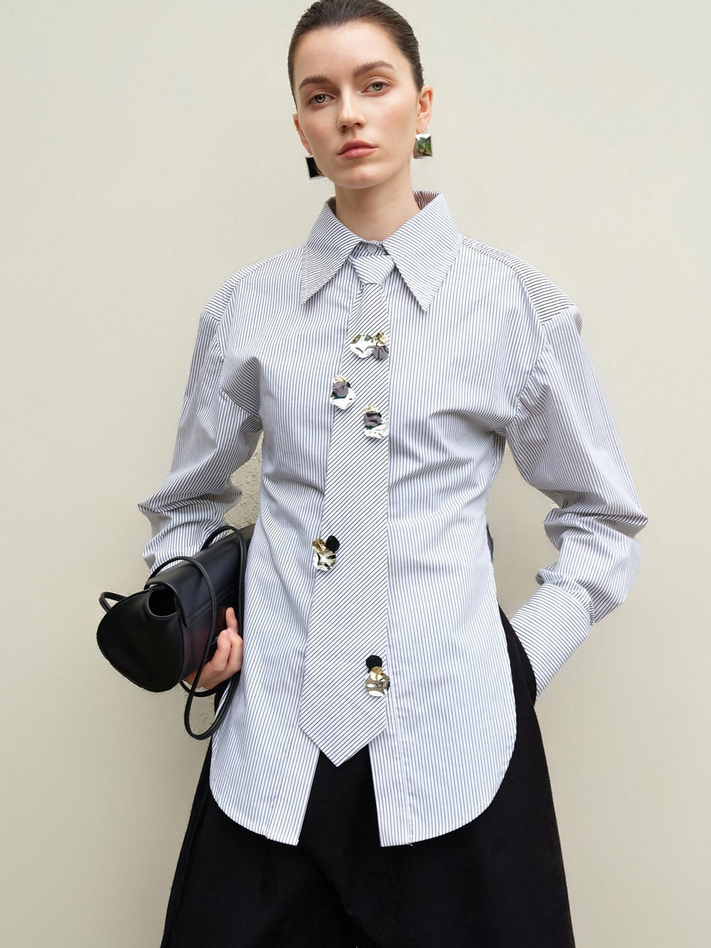 audreyyang Original Design Relaxed Tie Neck Collared Tencel Cotton Striped Blouses