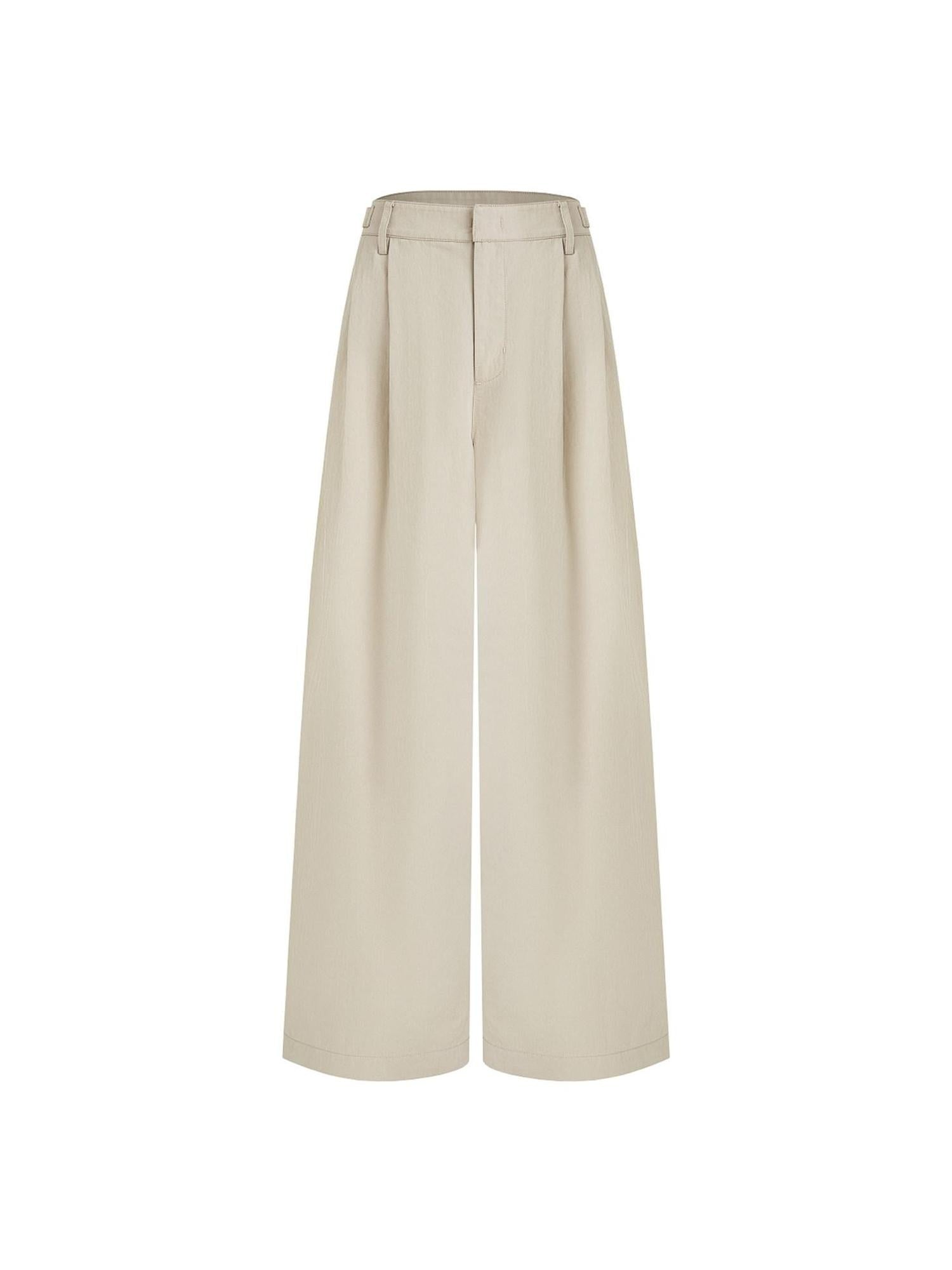 unspoken Pleated Natural Waist Minimalist Loose Women Khaki Zipper Wide Leg Pants