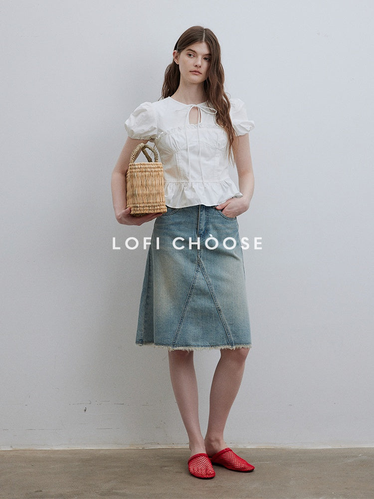 Lofi_choose_Puff_Sleeve_Tie_Neck_Loose_Fit_Office_Workwear_Short_Sleeve_White_Pink_Blouses_MISSTT