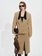 audreyyang Khaki Contrast Lapel Blazer Slit Loose Fit Long Sleeve Women Top & Skirt Sets