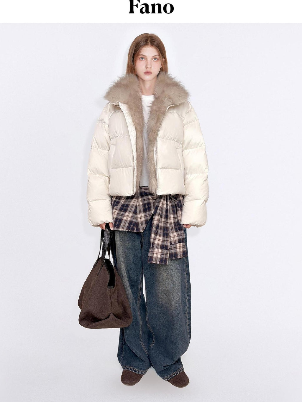 fano 90 Percent White Duck Down Warm Short Stand Collar Plaid Women Down Jackets
