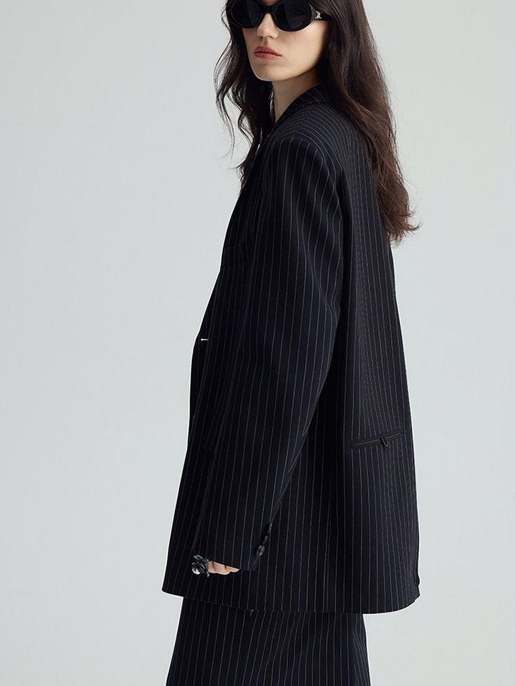 audreyyang Original Design Relaxed Fit Double Breasted Women Black Polyester Blazers