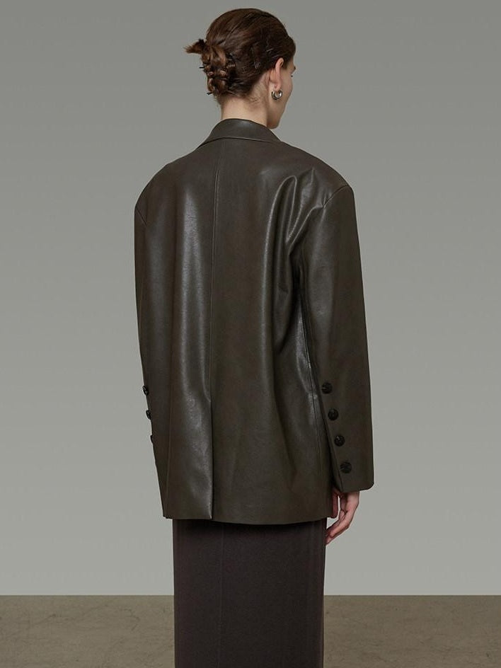 unspoken Soft Viscose Blazer Collar Relaxed Fit Commuter Women Brown Leather Jackets