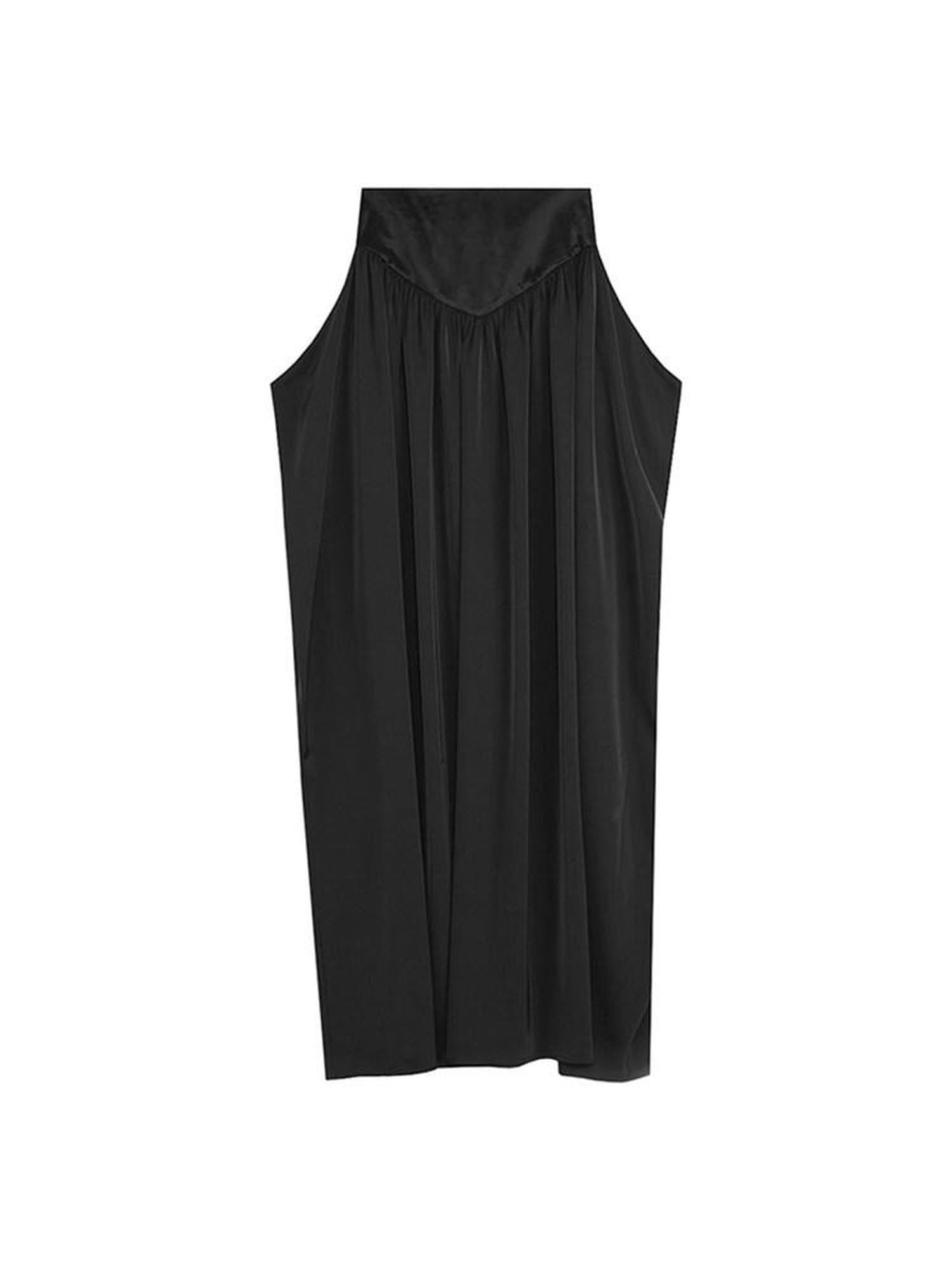 unspoken Light Sheen Black High Waist A Line Minimal Office Stretch Maxi Skirts