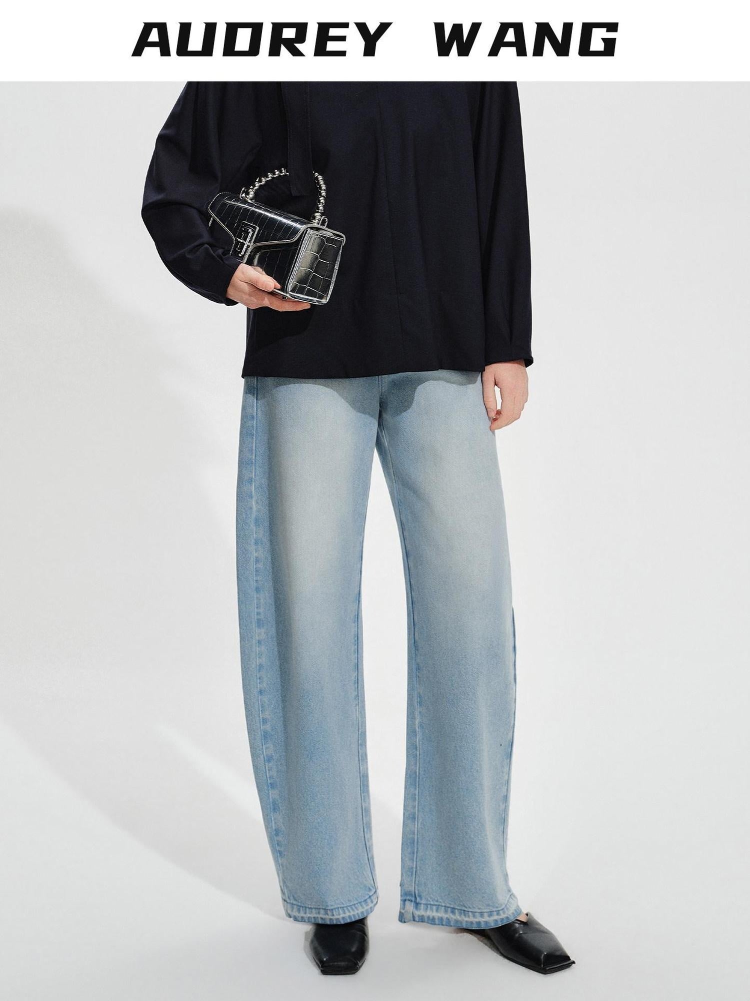 audreyyang High Waist Water Washed Light Blue Zipper Fly No Stretch Women Wide Leg Jeans