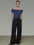 unspoken Wrinkle Resistant Minimalist Slim Asymmetrical Boat Neck Women Blue Blouses