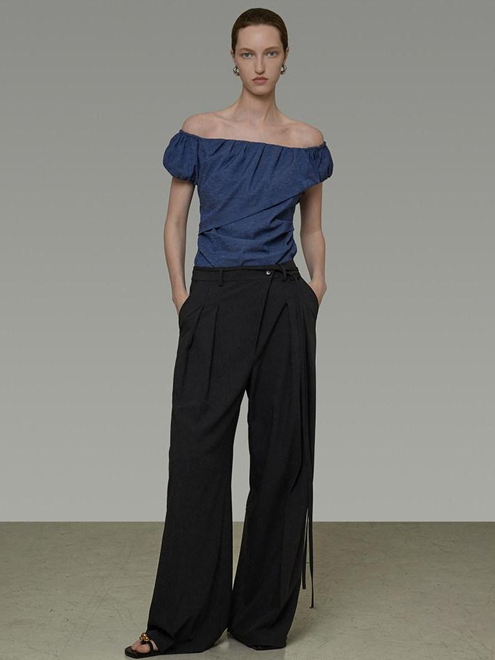 unspoken Wrinkle Resistant Minimalist Slim Asymmetrical Boat Neck Women Blue Blouses