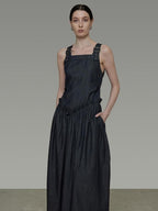 unspoken Minimalist Pleated Cinched Waist Cotton A Line Strap Dress Women Maxi Dresses
