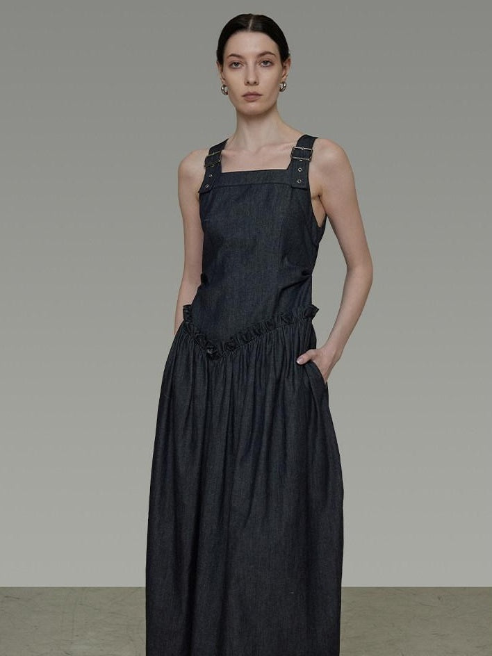 unspoken Minimalist Pleated Cinched Waist Cotton A Line Strap Dress Women Maxi Dresses