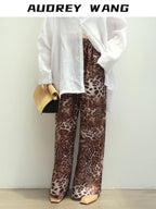 audreyyang Leopard Print Minimal Elastic Waist Natural Rise Commuter Women Wide Leg Pants