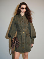 audreyyang Pure Cotton Relaxed Utility Button Women Military Green Denim Jackets
