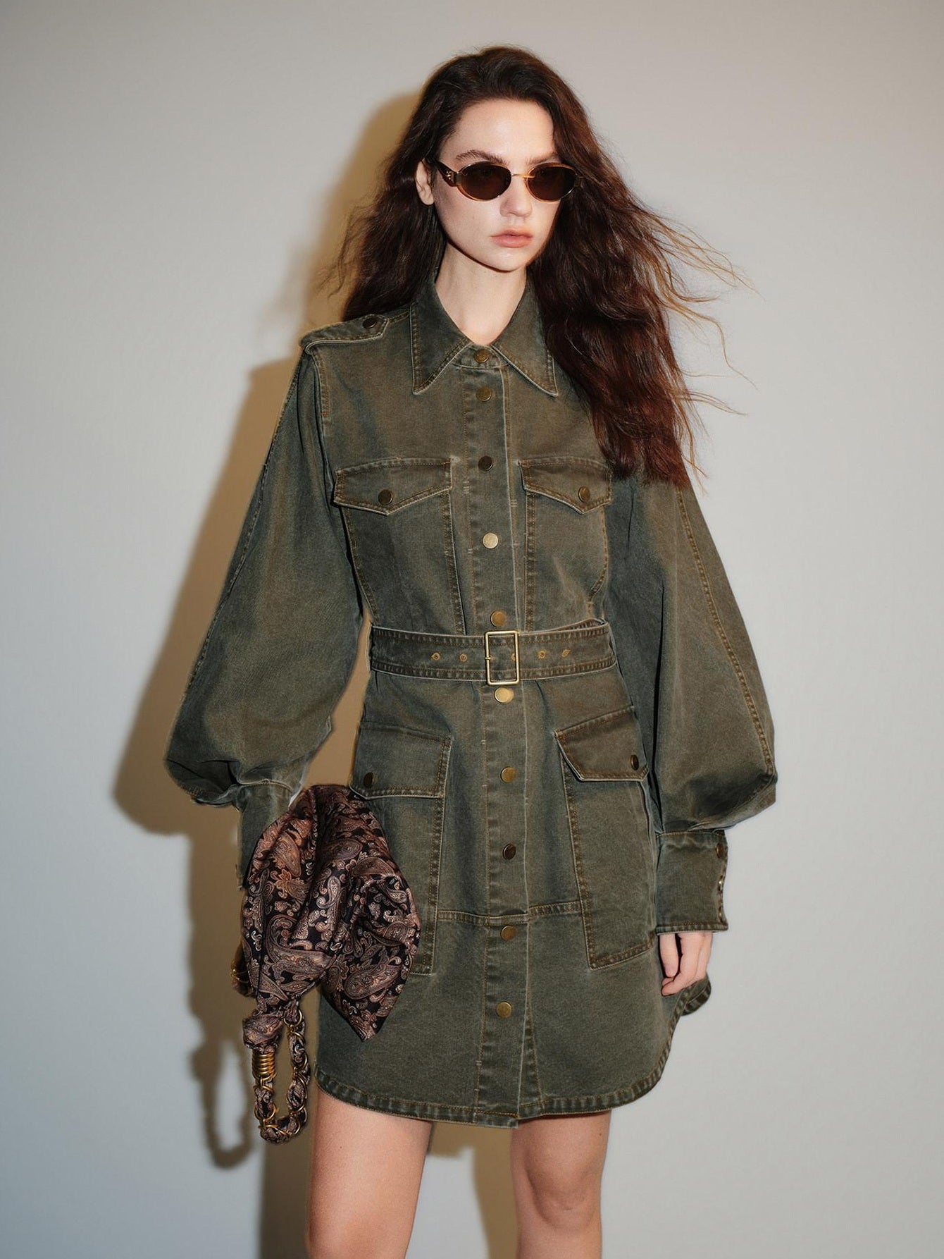 audreyyang Pure Cotton Relaxed Utility Button Women Military Green Denim Jackets