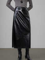 unspoken High Waist Pu Leather A Line Lined Black Commuter Skirt For Women Midi Skirts