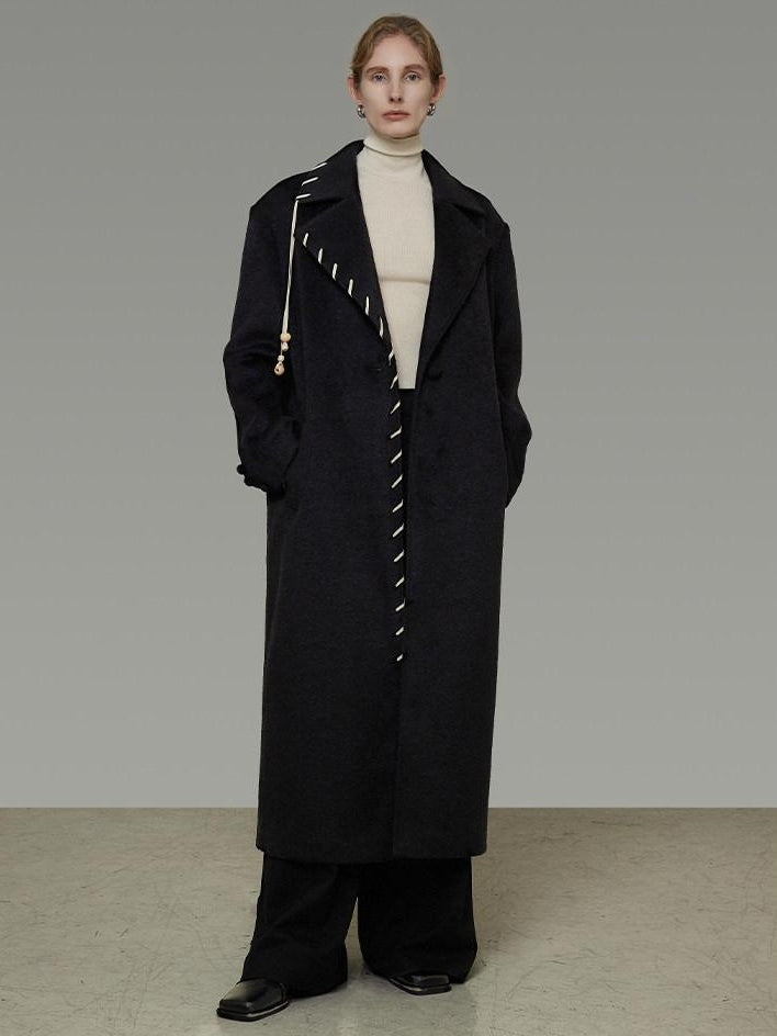 unspoken Sheep Wool Blend 3D Cut Straight Office Black Lapel Long Sleeve Long Coats