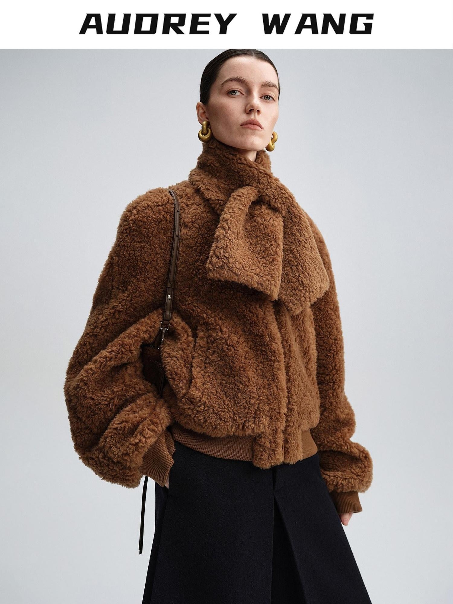 audreyyang Lambswool Trim Stand Collar Straight Short Zip Women Casual Bomber Jackets