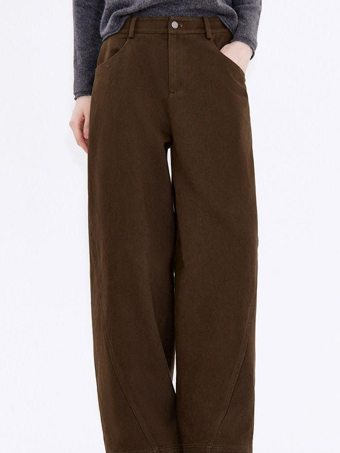 fano Warm Brushed Cotton Relaxed Straight Pocketed Natural Waist Brown Wide Leg Pants