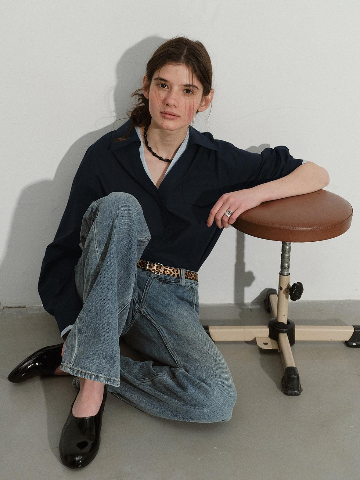 Lofi choose Soft Pure Cotton Colorblock Loose V-neck Button Long Sleeve Womens Navy Shirts