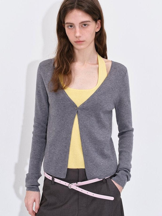 fano Soft Breathable Korean V-neck Slim Faux Layered Colorblock Cardigans