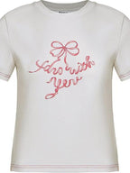 fano Butterfly Bow Print Cotton Blend Slim Korean Crew Neck Beige Basic Crop Tops