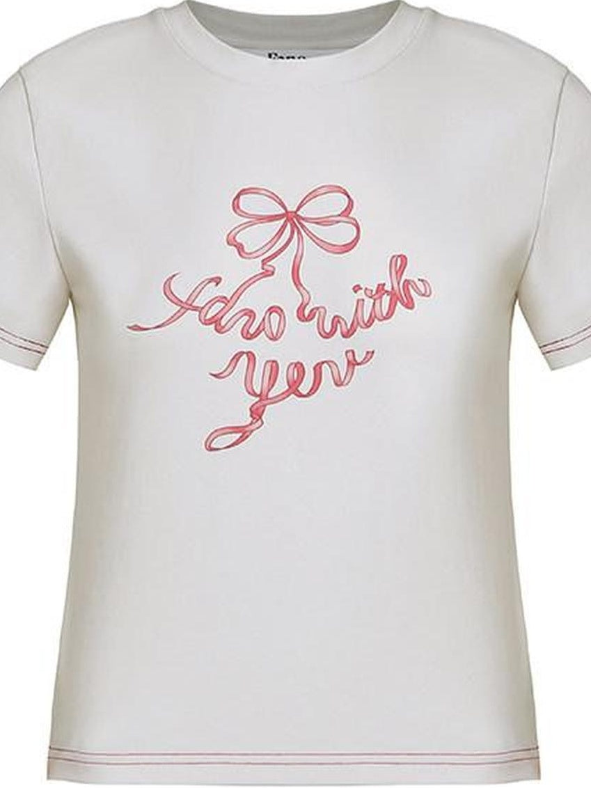 fano Butterfly Bow Print Cotton Blend Slim Korean Crew Neck Beige Basic Crop Tops