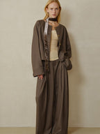 someonesometimes Shape Retaining Pleated Natural Waist Brown Striped Poly Stretch Wide Leg Pants
